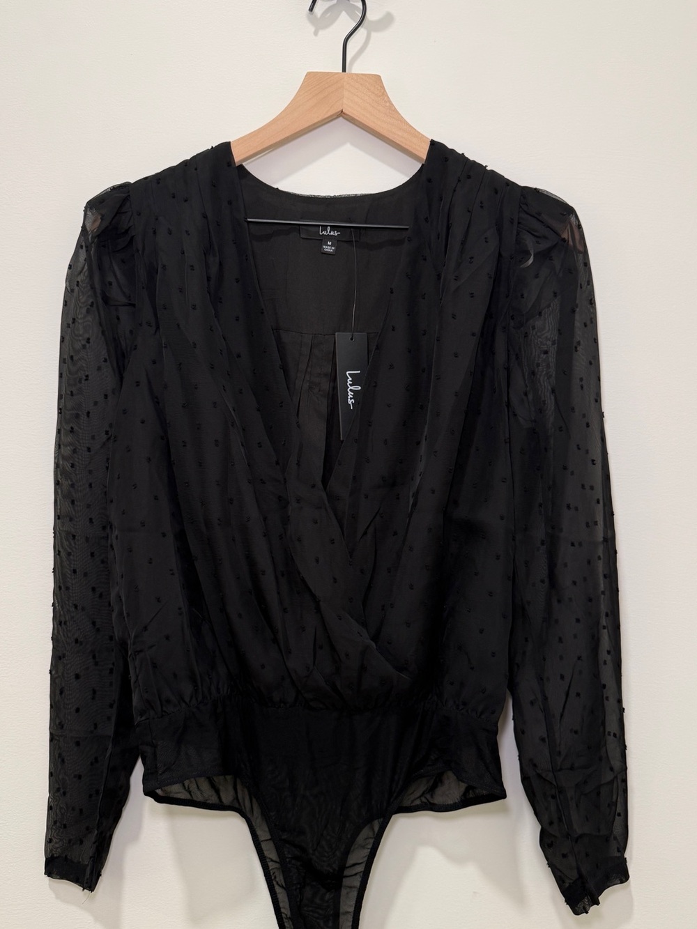 Lulu's Black Sheer Swiss Dot Surplice Bodysuit with Puff Shoulders
